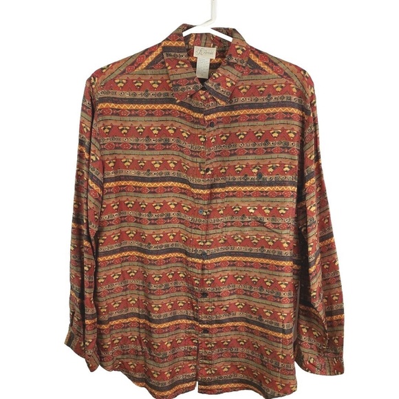 K Arnold NWT Vintage Washable 100% Silk Southwestern Tribal Print ButtonDown Top - Picture 1 of 9